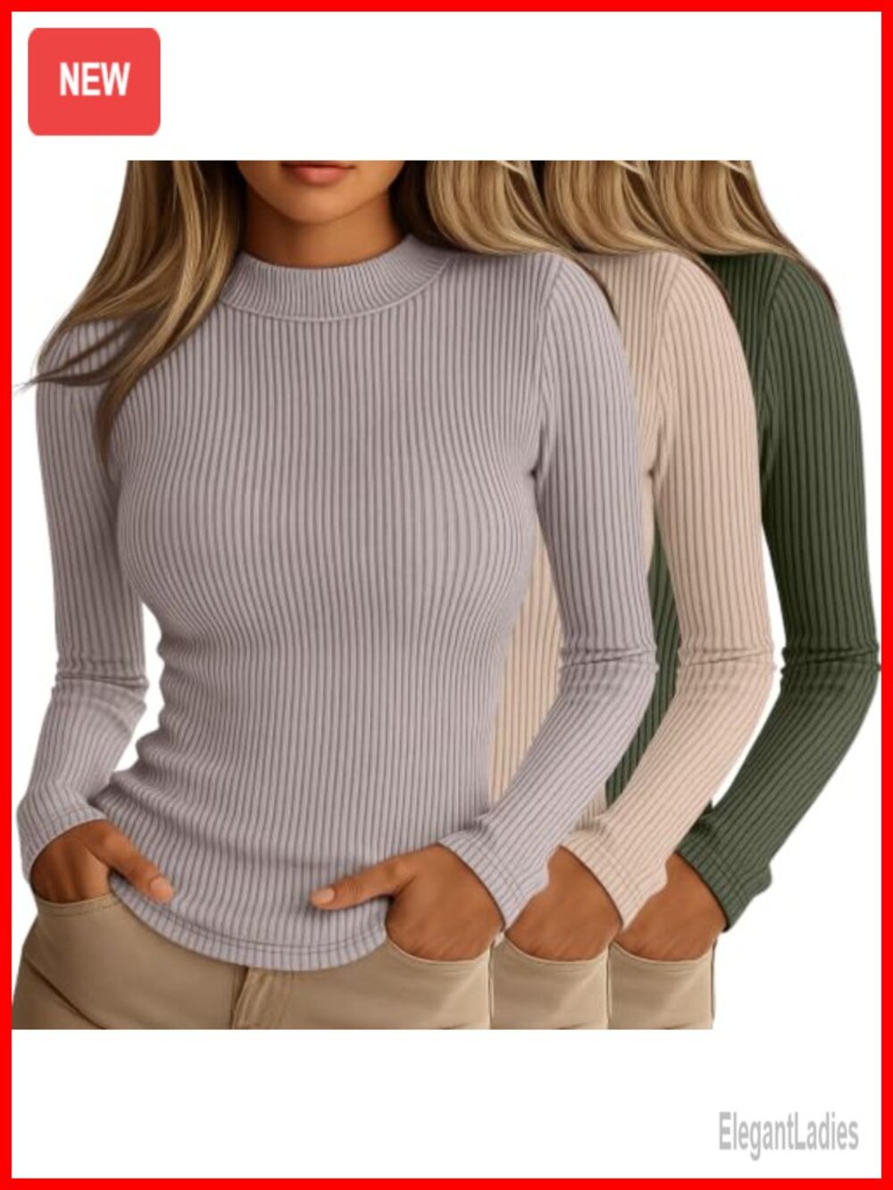 Women's Mock Neck Ribbed Long Sleeve Tops 3 Pack Slim Fit Stretch